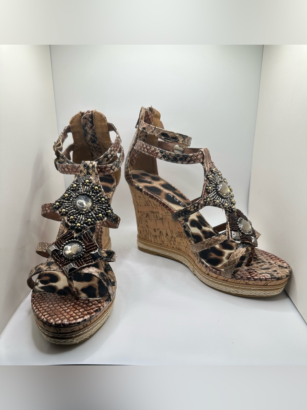 Rampage Brown Snake-Print Cork Wedge Sandals